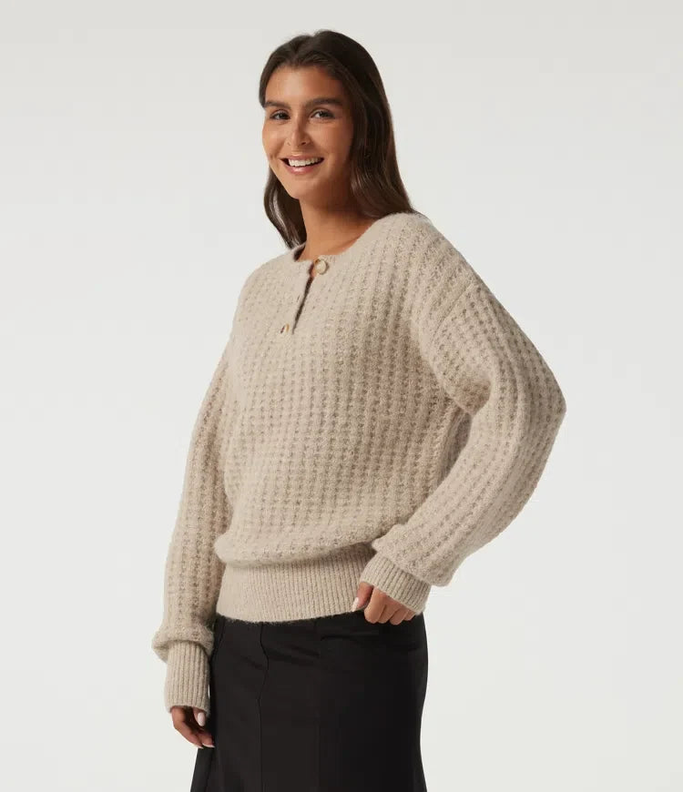 Henley dekolt Drop ramię z długim rękawem sweter na co dzień