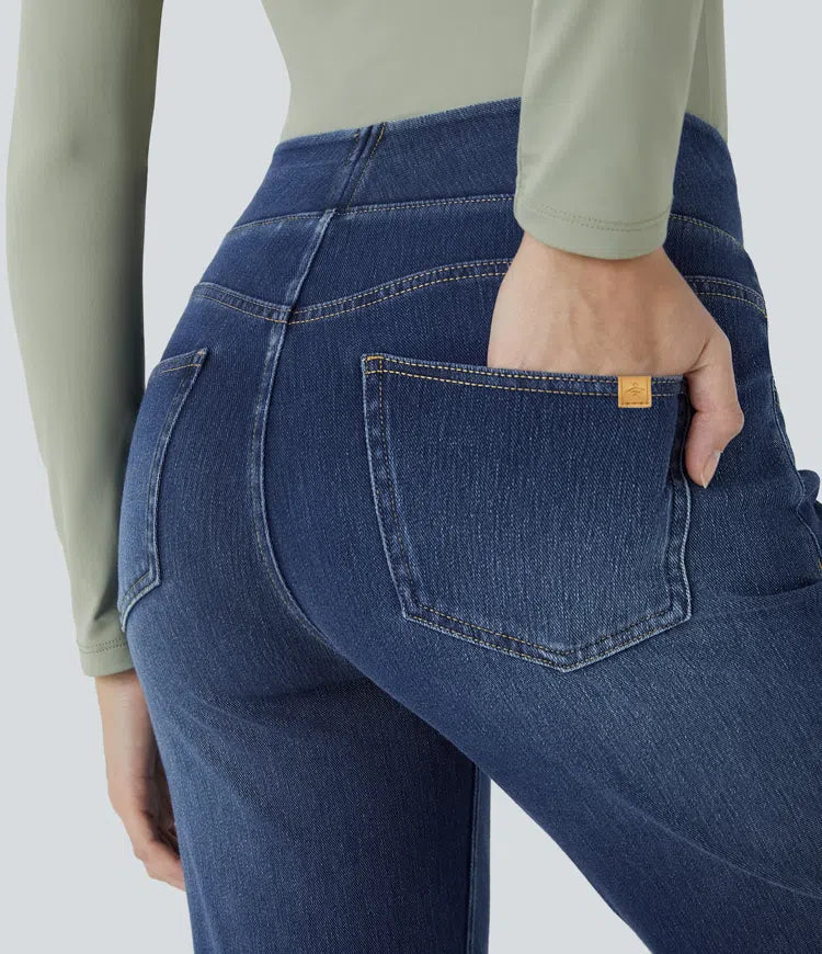 Halara Flex jeansy bootcut z wysokim stanem i kieszeniami, prane, na co dzień
