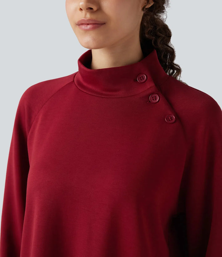 Z półgolfem z długim rękawem z rozcięciem high-low luźny bluza na co dzień