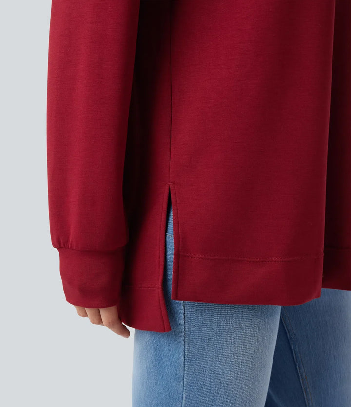 Z półgolfem z długim rękawem z rozcięciem high-low luźny bluza na co dzień