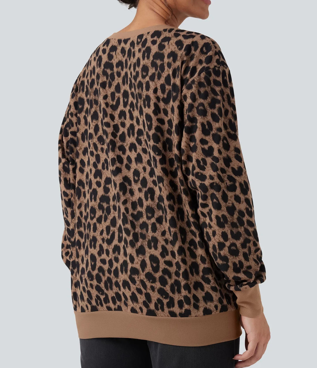 Z okrągłym dekoltem i długim rękawem Leopard waflowy oversize bluza na co dzień z kieszeniami