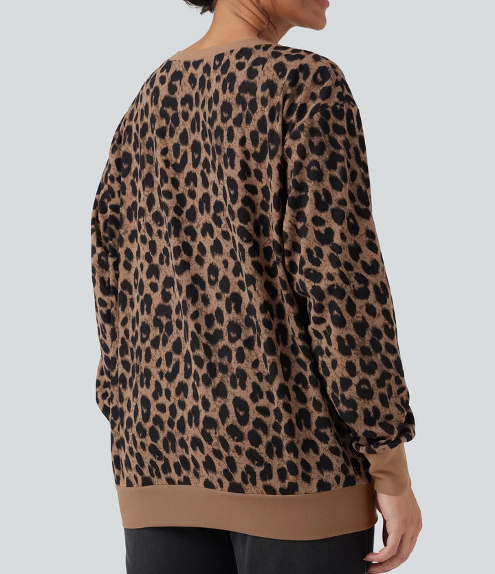 Z okrągłym dekoltem i długim rękawem Leopard waflowy oversize bluza na co dzień z kieszeniami