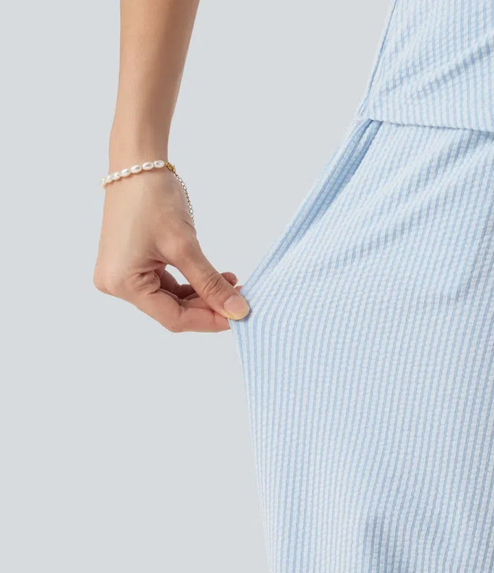 Z krótkim rękawem kopertowy wiązany tył w paski Crinkle bawełniany koszula na co dzień kombinezon z kieszeniami – edycja Easy Peezy