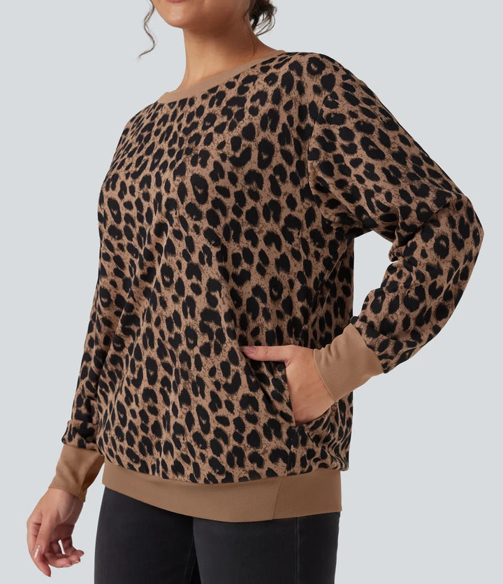 Z okrągłym dekoltem i długim rękawem Leopard waflowy oversize bluza na co dzień z kieszeniami