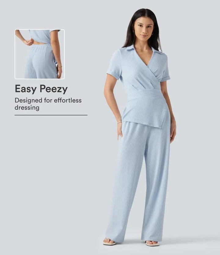 Z krótkim rękawem kopertowy wiązany tył w paski Crinkle bawełniany koszula na co dzień kombinezon z kieszeniami – edycja Easy Peezy