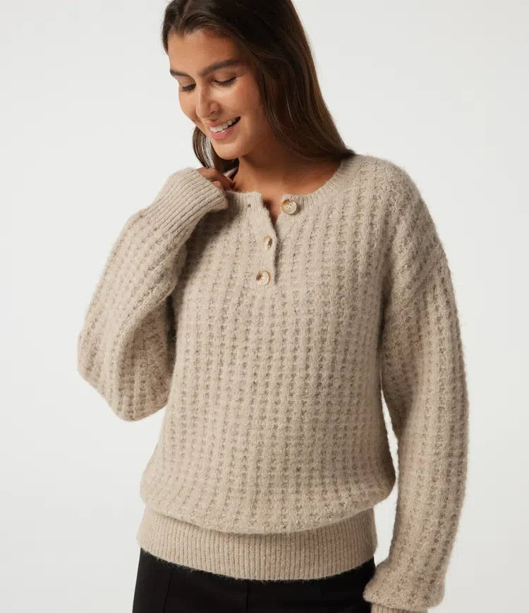 Henley dekolt Drop ramię z długim rękawem sweter na co dzień