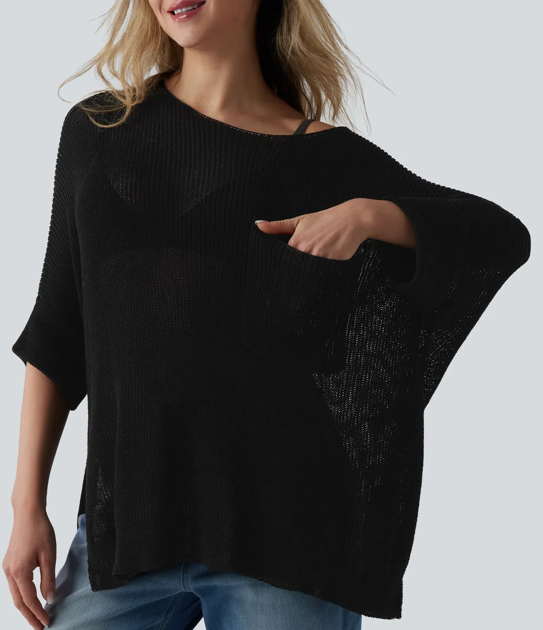 Na jedno ramię z rękawem 1/2 z rozcięciem u dołu oversize sweter na co dzień z kieszenią