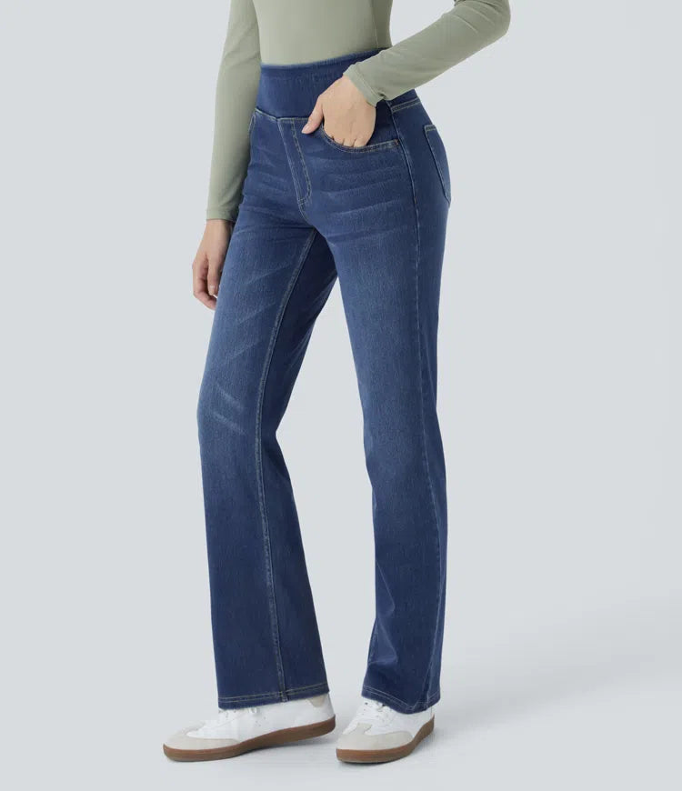Halara Flex jeansy bootcut z wysokim stanem i kieszeniami, prane, na co dzień