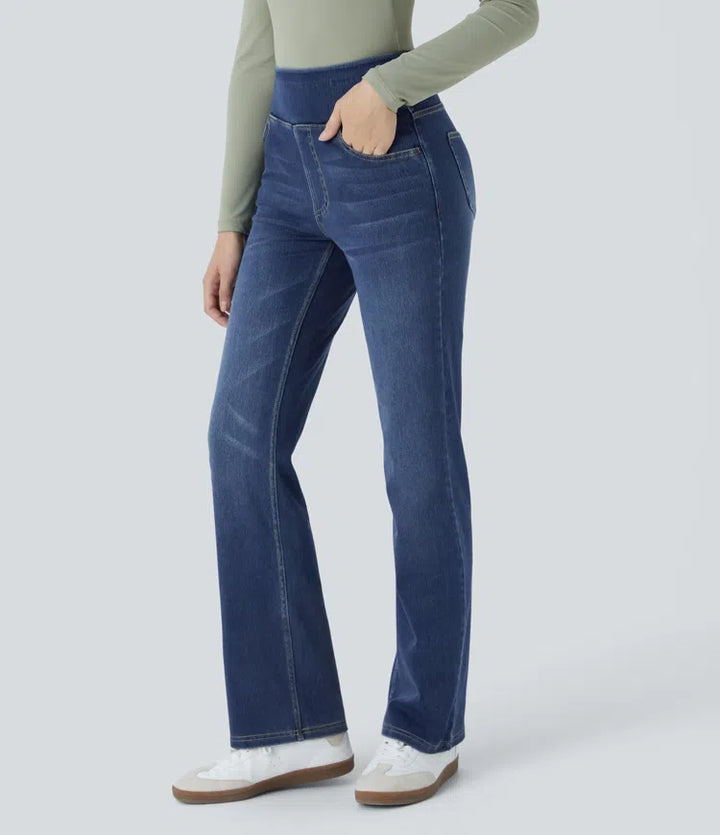 Halara Flex jeansy bootcut z wysokim stanem i kieszeniami, prane, na co dzień