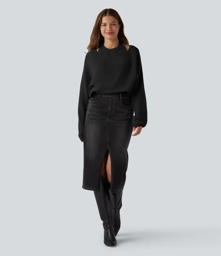 Halter z długim rękawem kopertowy 2-in-1 sweter na co dzień