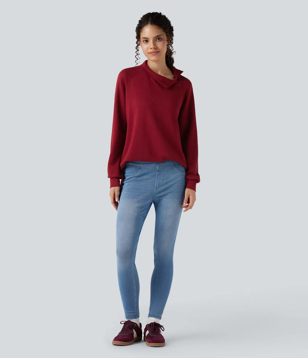Z półgolfem z długim rękawem z rozcięciem high-low luźny bluza na co dzień