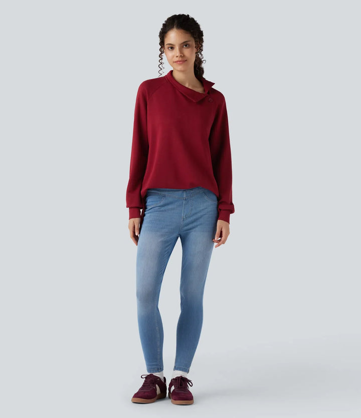 Z półgolfem z długim rękawem z rozcięciem high-low luźny bluza na co dzień
