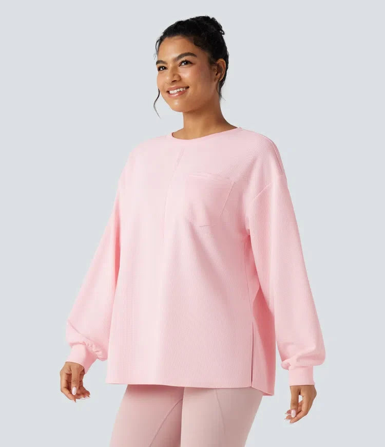 Z okrągłym dekoltem i długim rękawem z rozcięciem u dołu waflowy oversize bluza na co dzień z kieszeniami
