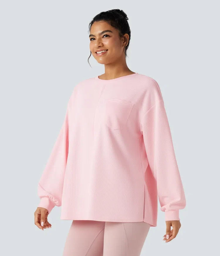 Z okrągłym dekoltem i długim rękawem z rozcięciem u dołu waflowy oversize bluza na co dzień z kieszeniami