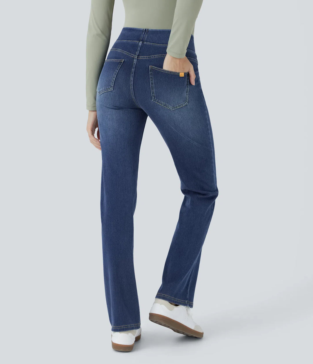 Halara Flex jeansy bootcut z wysokim stanem i kieszeniami, prane, na co dzień