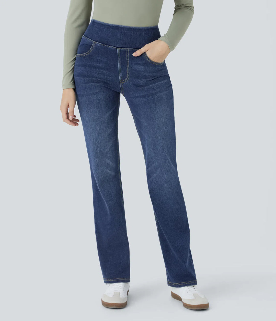Halara Flex jeansy bootcut z wysokim stanem i kieszeniami, prane, na co dzień