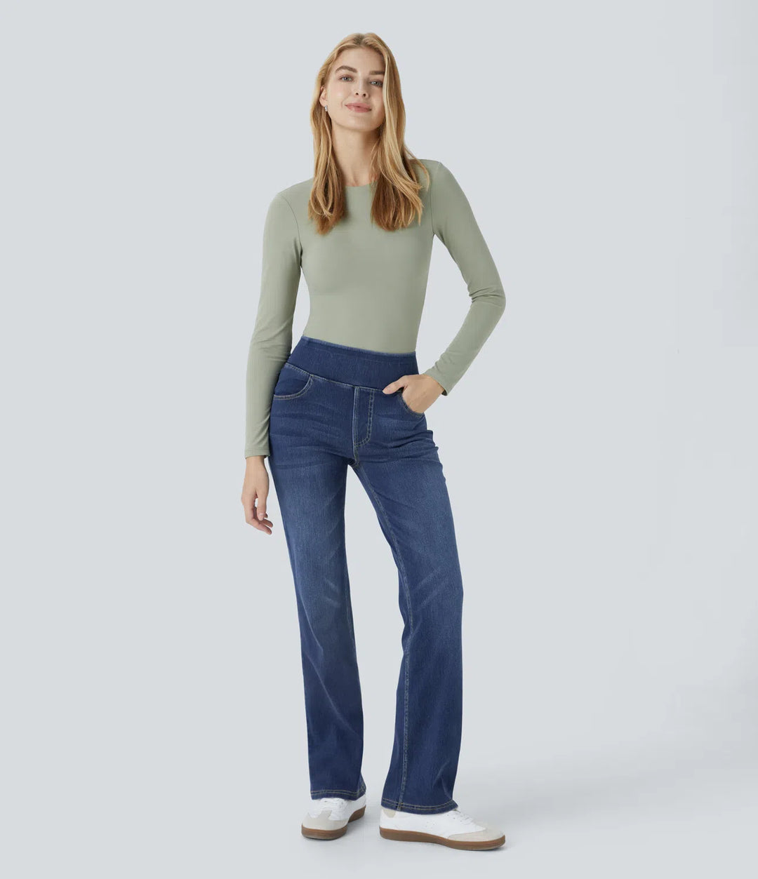 Halara Flex jeansy bootcut z wysokim stanem i kieszeniami, prane, na co dzień