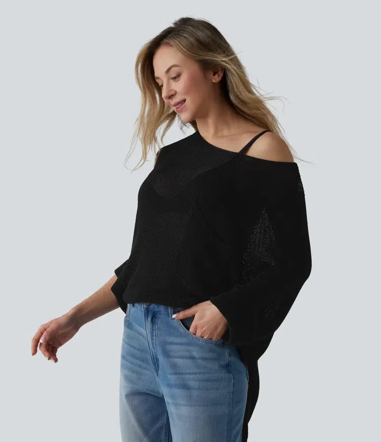 Na jedno ramię z rękawem 1/2 z rozcięciem u dołu oversize sweter na co dzień z kieszenią