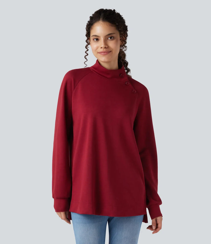 Z półgolfem z długim rękawem z rozcięciem high-low luźny bluza na co dzień