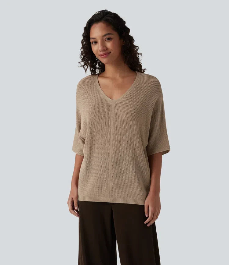 Z dekoltem V z rękawem 1/2 sweter na co dzień