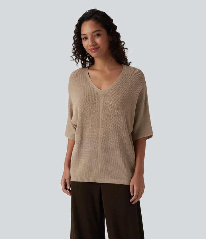Z dekoltem V z rękawem 1/2 sweter na co dzień