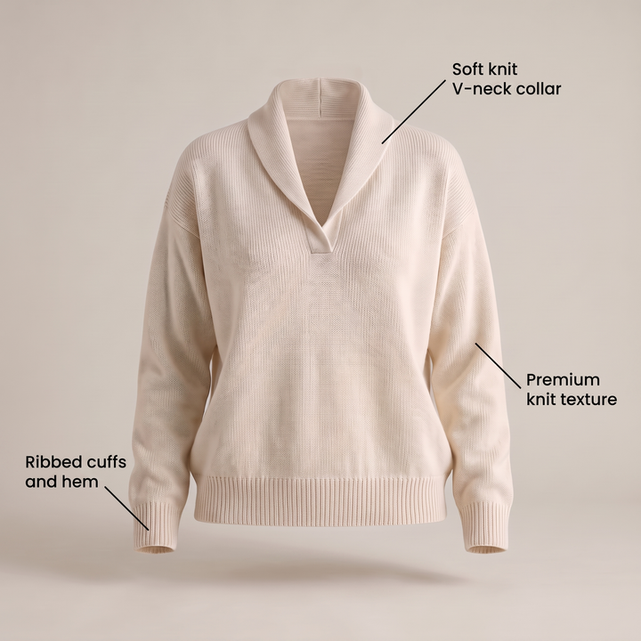 KLASYCZNY DZIANINOWY SWETER Z DEKOLTEM W SEREK