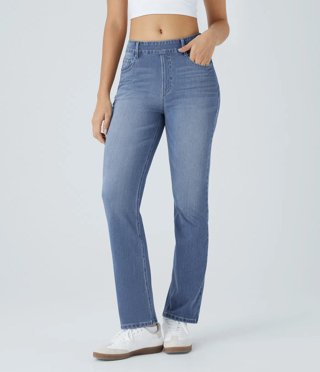 Halara Flex dżinsy z wysokim stanem i kieszeniami, prane, codzienny krój bootcut