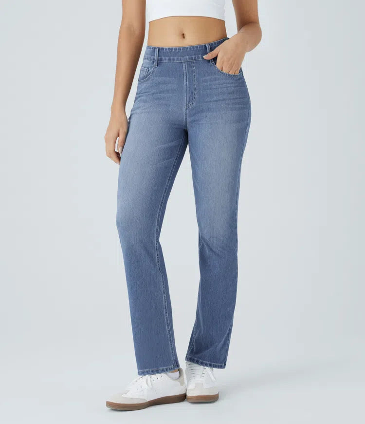 Halara Flex dżinsy z wysokim stanem i kieszeniami, prane, codzienny krój bootcut