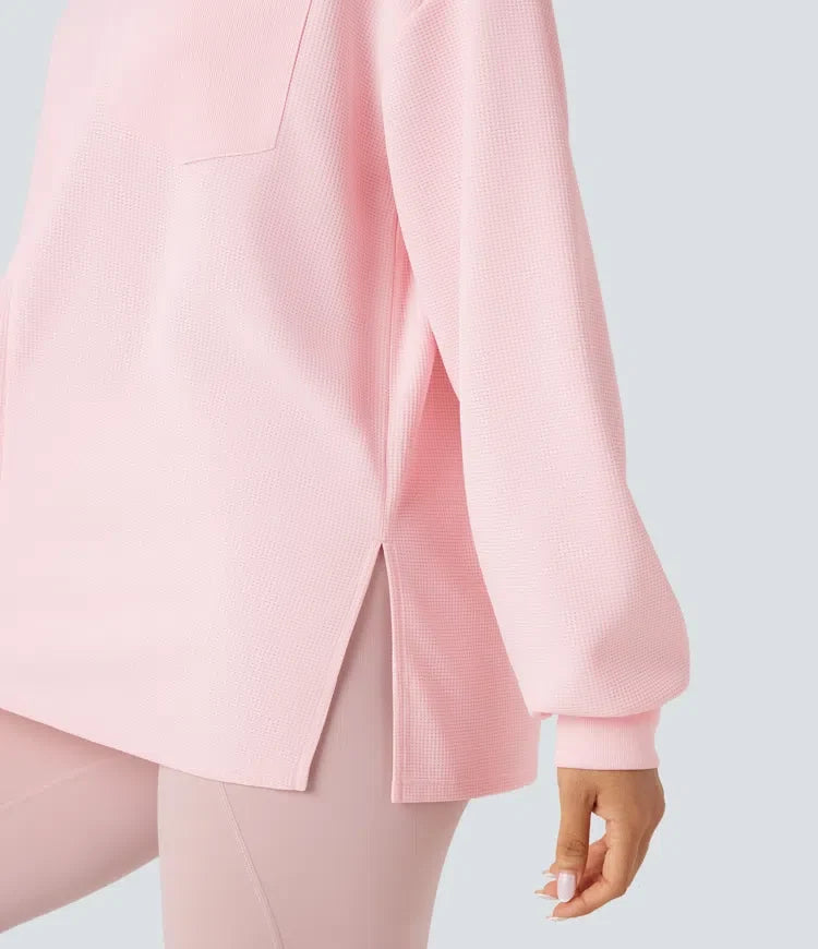 Z okrągłym dekoltem i długim rękawem z rozcięciem u dołu waflowy oversize bluza na co dzień z kieszeniami