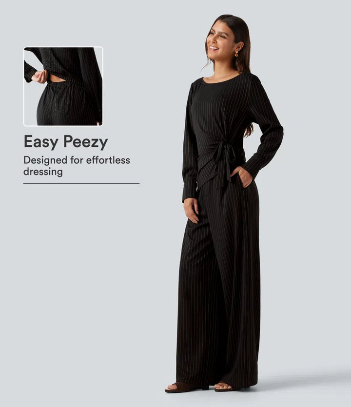 Kombinezon roboczy w paski z kieszeniami, dekoltem łódkowym, długimi rękawami i wiązaniem po boku — z efektem Cool Touch — edycja Easy Peezy