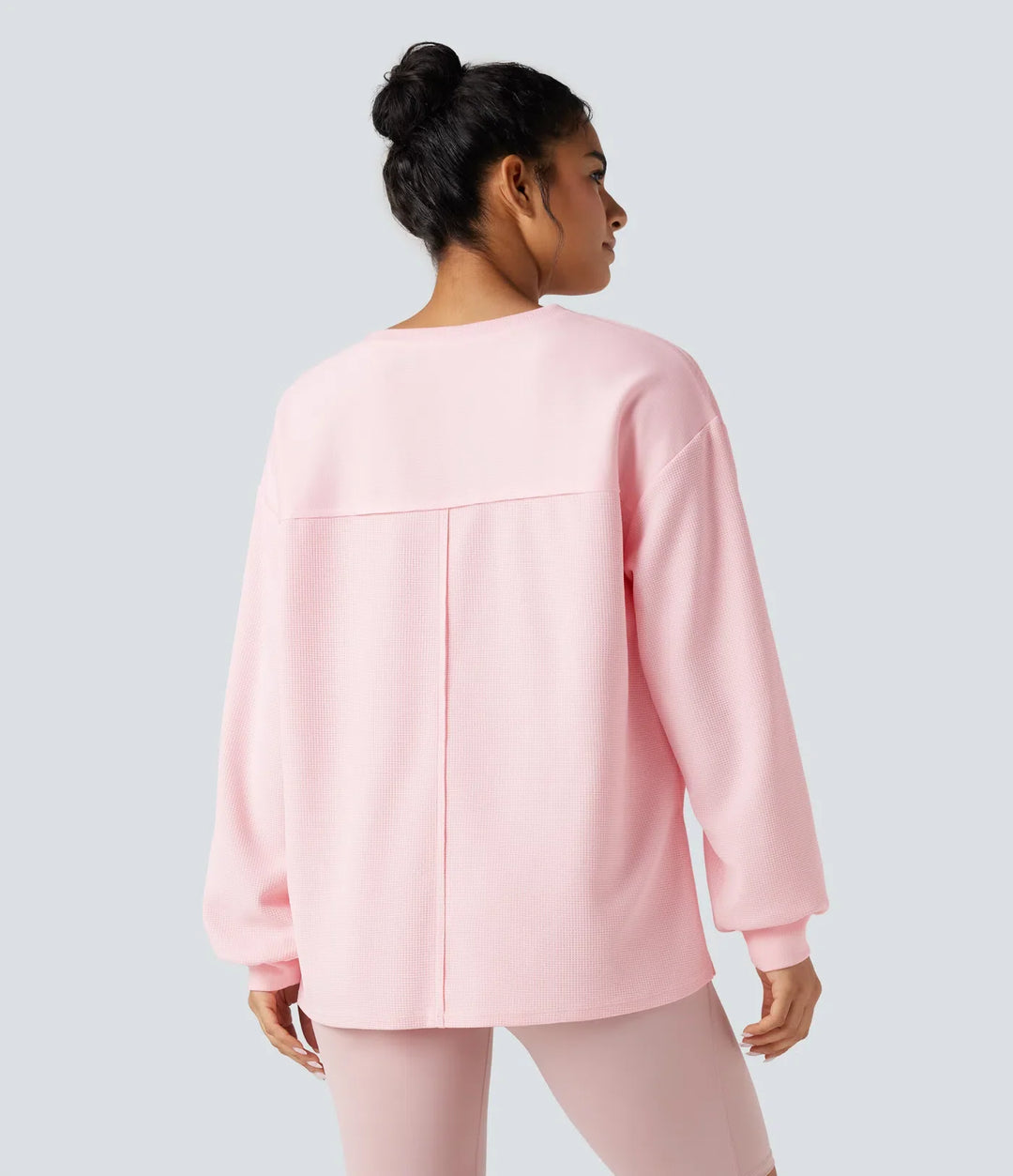 Z okrągłym dekoltem i długim rękawem z rozcięciem u dołu waflowy oversize bluza na co dzień z kieszeniami