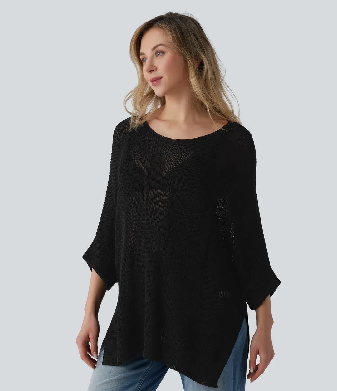 Na jedno ramię z rękawem 1/2 z rozcięciem u dołu oversize sweter na co dzień z kieszenią