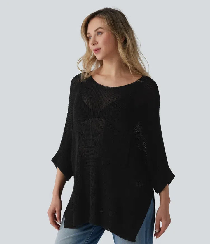 Na jedno ramię z rękawem 1/2 z rozcięciem u dołu oversize sweter na co dzień z kieszenią