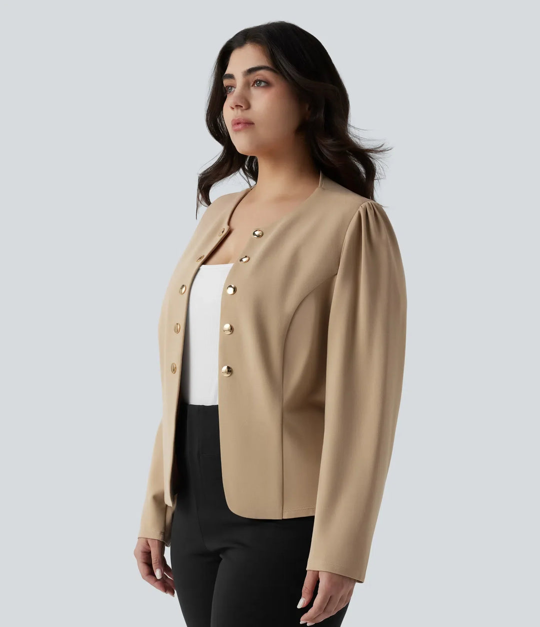 Plus size z okrągłym dekoltem i długim rękawem dopasowany do pracy marynarka
