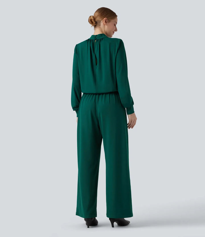 Z półgolfem z wycięciem keyhole tył z długim rękawem z szeroką nogawką kombinezon do pracy z kieszeniami