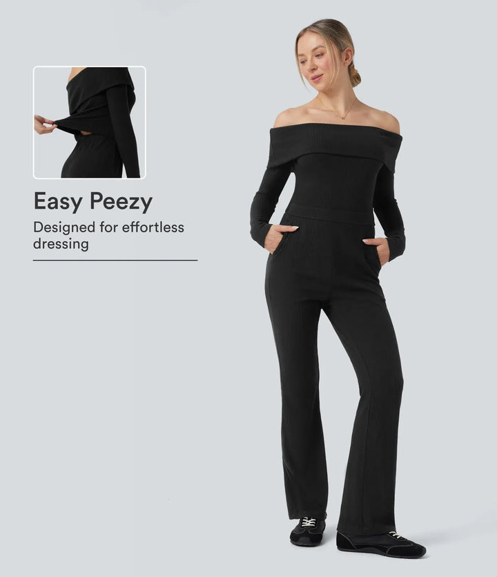 Prążkowana dzianina wywijany z odkrytymi ramionami z długim rękawem bootcut kombinezon na co dzień z kieszeniami – edycja Easy Peezy