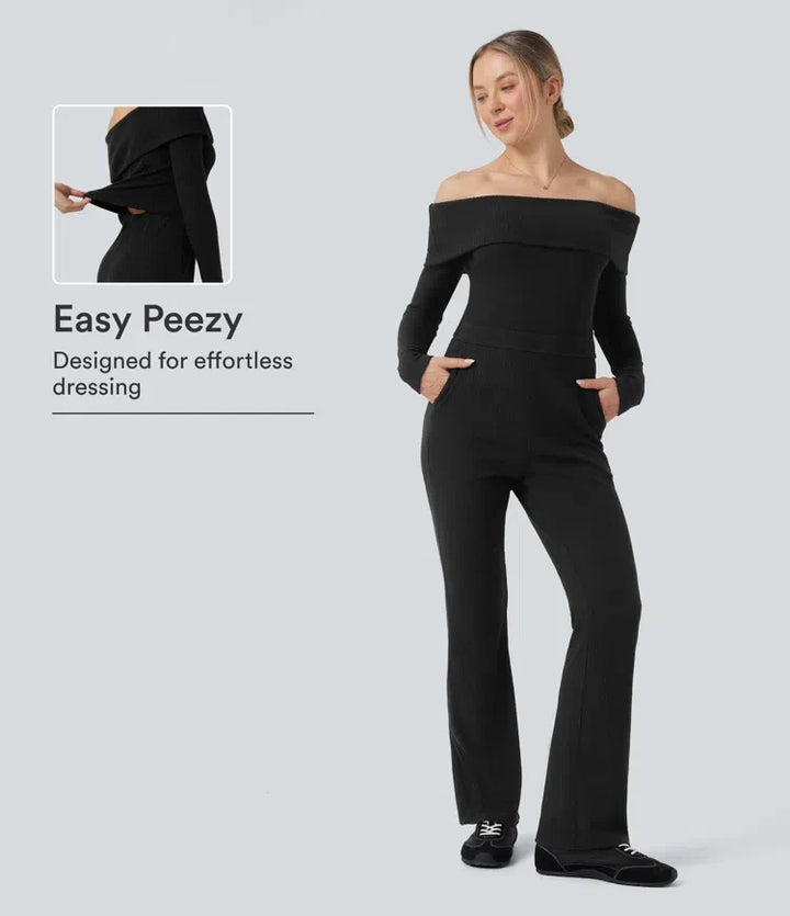 Prążkowana dzianina wywijany z odkrytymi ramionami z długim rękawem bootcut kombinezon na co dzień z kieszeniami – edycja Easy Peezy