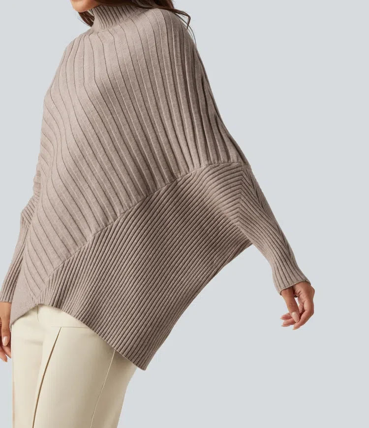 Z wysokim kołnierzem nietoperzowy z długim rękawem oversize sweter na co dzień