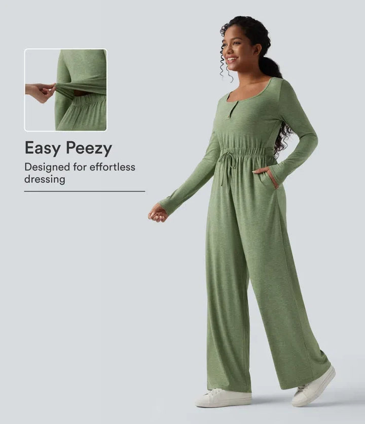 Henley z długim rękawem ze sznurkiem Heathered na co dzień baggy kombinezon z kieszeniami – Easy Peezy