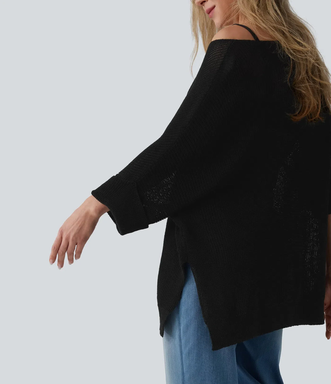 Na jedno ramię z rękawem 1/2 z rozcięciem u dołu oversize sweter na co dzień z kieszenią