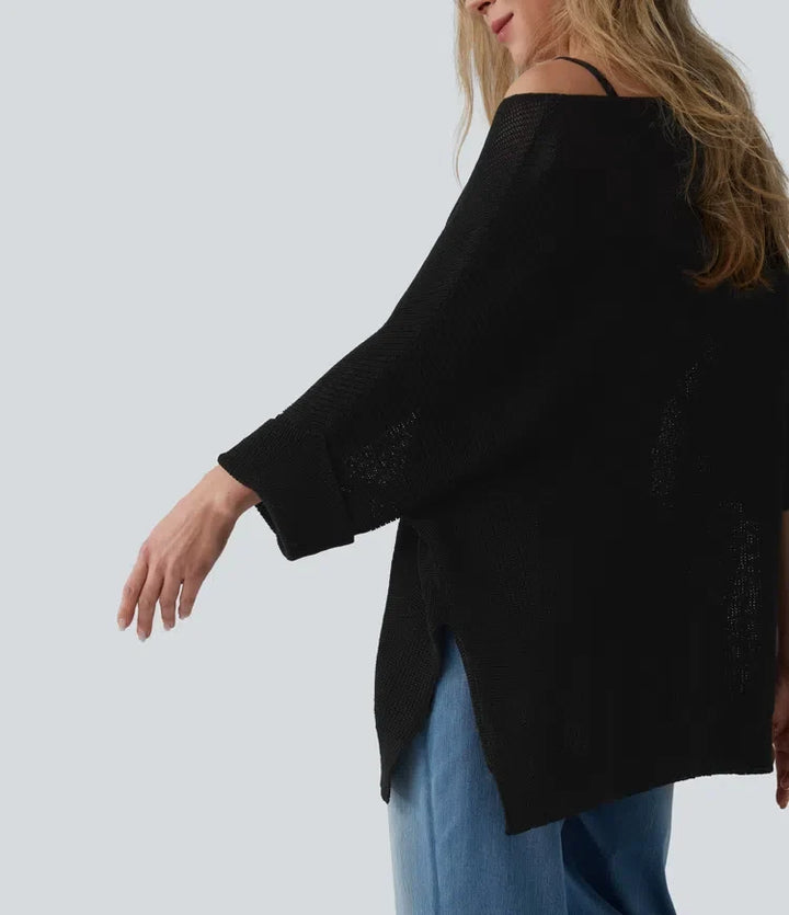 Na jedno ramię z rękawem 1/2 z rozcięciem u dołu oversize sweter na co dzień z kieszenią
