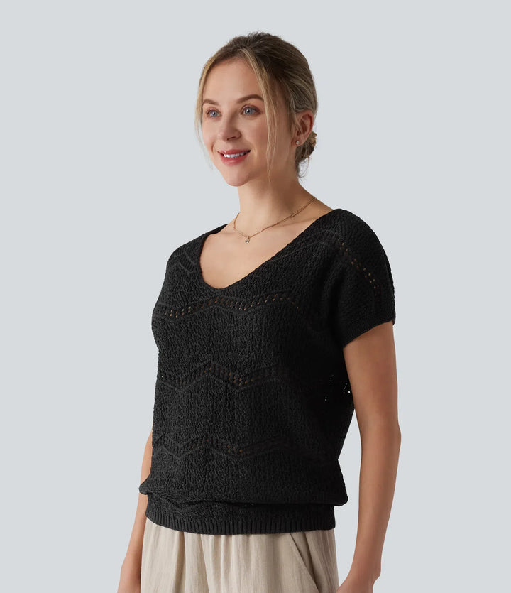 Z dekoltem V z krótkim rękawem sweter