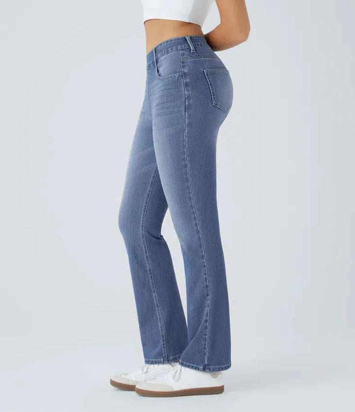 Halara Flex dżinsy z wysokim stanem i kieszeniami, prane, codzienny krój bootcut