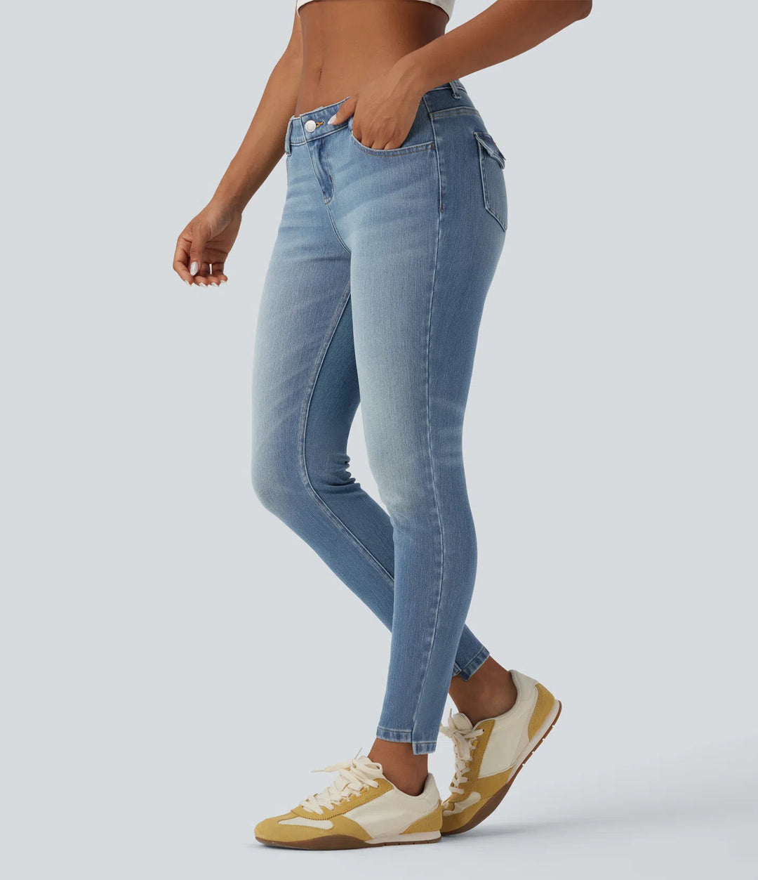 Halara Flex niskie, codzienne dopasowane dżinsy typu skinny z kieszeniami
