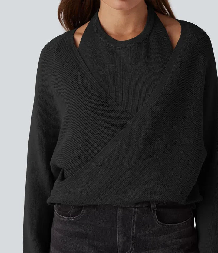 Halter z długim rękawem kopertowy 2-in-1 sweter na co dzień