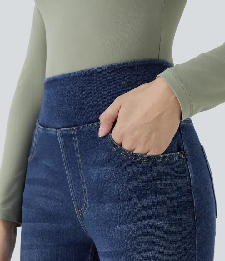 Halara Flex jeansy bootcut z wysokim stanem i kieszeniami, prane, na co dzień
