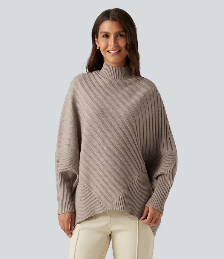 Z wysokim kołnierzem nietoperzowy z długim rękawem oversize sweter na co dzień