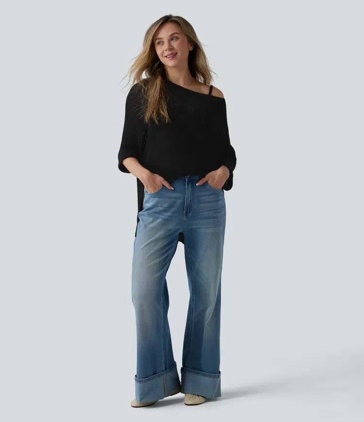 Na jedno ramię z rękawem 1/2 z rozcięciem u dołu oversize sweter na co dzień z kieszenią