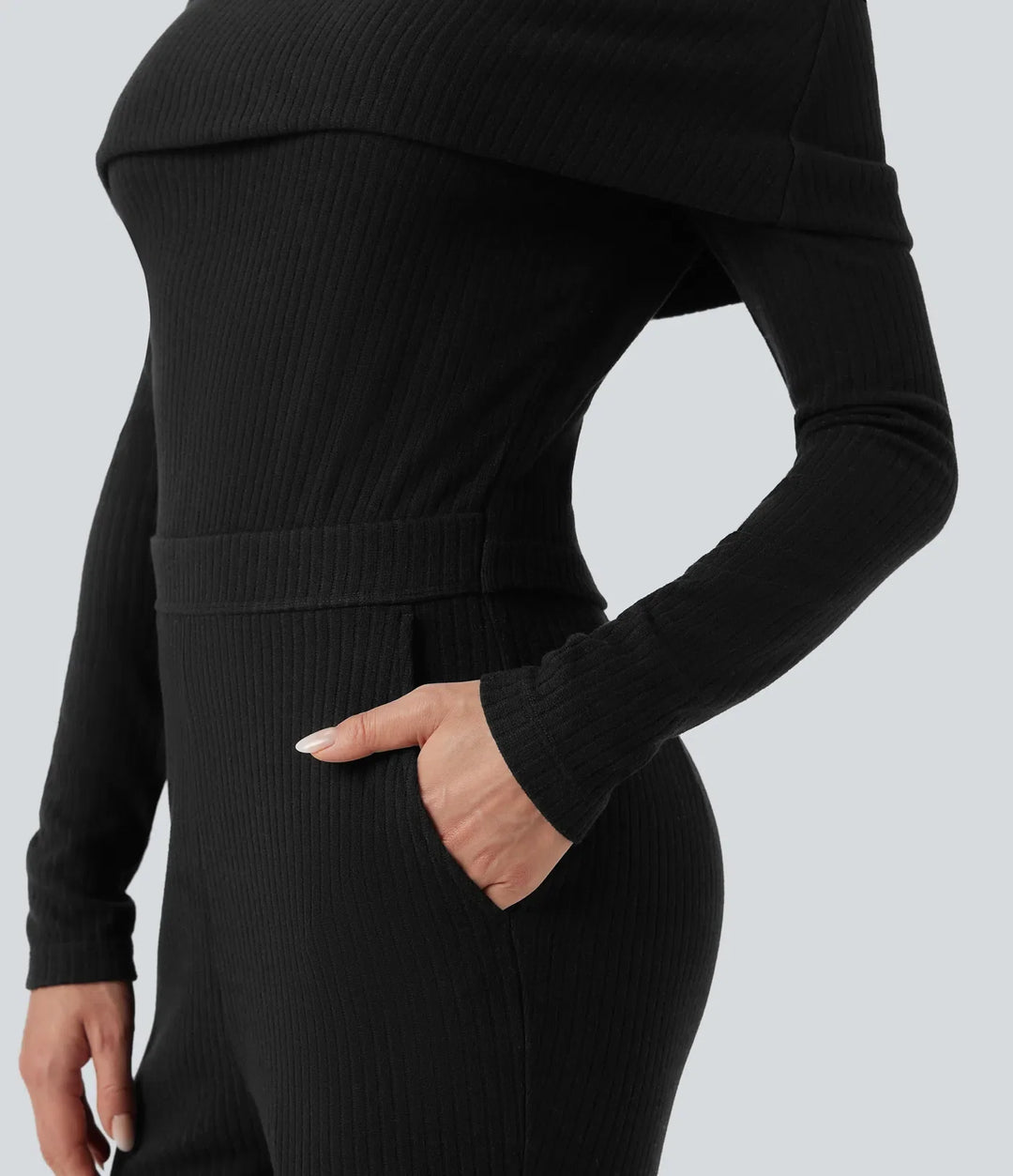 Prążkowana dzianina wywijany z odkrytymi ramionami z długim rękawem bootcut kombinezon na co dzień z kieszeniami – edycja Easy Peezy