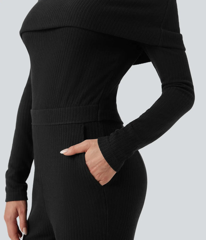 Prążkowana dzianina wywijany z odkrytymi ramionami z długim rękawem bootcut kombinezon na co dzień z kieszeniami – edycja Easy Peezy